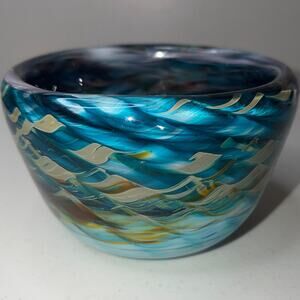 Optic Bowl Hand Blown Blue Gold Hot Island Glass Style Art Decor Wave Pattern